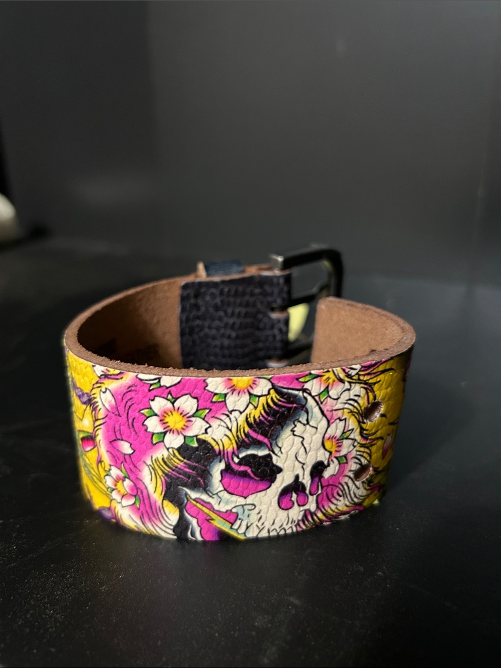 Ed Hardy Yellow Pink Floral Skull Leather Cuff Bracelet